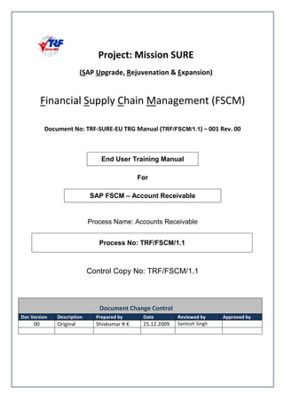! "# # ! $ % TRF/FSCM/1.1 & ''( )''
End User Training Manual
For
SAP FSCM – Account Receivable
Process Name: Accounts Receivable
Process No: TRF/FSCM/1.1
Control Copy No: TRF/FSCM/1.1
*+ * %
, -. / -. -.
!"
 