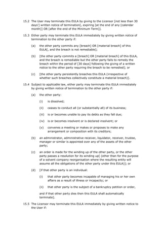 15.2 The User may terminate this EULA by giving to the Licensor [not less than 30
days'] written notice of termination[, expiring [at the end of any [calendar
month]] OR [after the end of the Minimum Term]].
15.3 Either party may terminate this EULA immediately by giving written notice of
termination to the other party if:
(a) the other party commits any [breach] OR [material breach] of this
EULA[, and the breach is not remediable];
(b) [the other party commits a [breach] OR [material breach] of this EULA,
and the breach is remediable but the other party fails to remedy the
breach within the period of [30 days] following the giving of a written
notice to the other party requiring the breach to be remedied]; or
(c) [the other party persistently breaches this EULA (irrespective of
whether such breaches collectively constitute a material breach)].
15.4 Subject to applicable law, either party may terminate this EULA immediately
by giving written notice of termination to the other party if:
(a) the other party:
(i) is dissolved;
(ii) ceases to conduct all (or substantially all) of its business;
(iii) is or becomes unable to pay its debts as they fall due;
(iv) is or becomes insolvent or is declared insolvent; or
(v) convenes a meeting or makes or proposes to make any
arrangement or composition with its creditors;
(b) an administrator, administrative receiver, liquidator, receiver, trustee,
manager or similar is appointed over any of the assets of the other
party;
(c) an order is made for the winding up of the other party, or the other
party passes a resolution for its winding up[ (other than for the purpose
of a solvent company reorganisation where the resulting entity will
assume all the obligations of the other party under this EULA)]; or
(d) [if that other party is an individual:
(i) that other party becomes incapable of managing his or her own
affairs as a result of illness or incapacity; or
(ii) that other party is the subject of a bankruptcy petition or order,
and if that other party dies then this EULA shall automatically
terminate].
15.5 The Licensor may terminate this EULA immediately by giving written notice to
the User if:
 