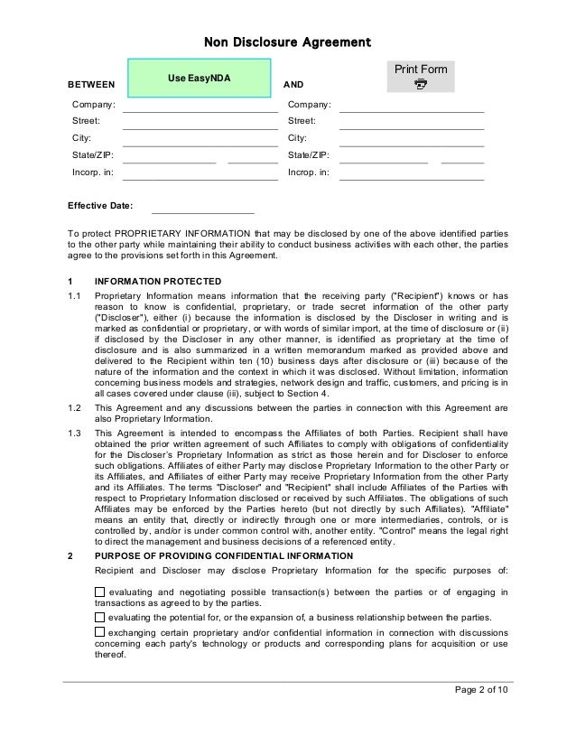 non disclosure agreement template pdf