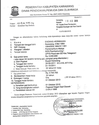 PEM ERI I{TAH KABUPATEN KARAWANG
DINAS PENDI DIKAN, PEMUDA DAN OLAHRAGA
Jalarr Sruotolcunto Nomor 72 TeW' (026n 405215 Karawang
Nomor . s22 A/SK- 9141 -t"g
Fenhal , Kenaikan Gaii Berkala
lr.{i:del 8.1
I*uYns' ig A,io tol$
Kepaoa:
Yth. Kepda Dinas PendaPatan,
Pengdda Keuangan dan Aset Daerah
di
KARAWANG
Dcnga* u, diberirahukan bahwa berhubung telah dipenulunya masa kerja dan s'arat - syalat lainnya
kepada:
1 Nama ENDANGHFIY|YSN
2. Tempat dan tanggal lahir : Karawang' 4 Mei 1964
a" ffi;?;rp-;'-"=-- 1e64050 4^1e841.a:
!o'
4. Pangkat / Jabatan : Pembina/Guru Madya
SDN Pasirkamuning I
5. Tempat bekerja : DlJl rdl,rr
^artl..ir
trr rv I
UPTD Paud dan SD Kec'Telagasari
6. Gaji pokok lama ' RP'3'030'900
r aiui dasar sK terakhir tentang gaji, pangkat yang ditentukan )
a. Oleh Pejabat : BuPati Karawalg
b' Tanggal dan nomor 26.09.2011 822'4/SK.40?3.Pee
c. fanttal mulai berlaku 0-1-1A-2011
d l,'lasa ker.1a gol Pada'u';axit: tso ' 22 tahun 00 bulan
DIBERIKAN KENAI L{}J GA i 1 BE R.K]Ln. s eh;:igga memperoleh :
_
7 Gajr pokok baru RP' 3"743'7AA
6" Berdasarkan masa kerja 24 tahun
{ PP 22 tahun 2013 )
I Golongan / ruang
10" Tanggal mulai berlaku
KETERANGAN
a. Kenail<an gaji berii<utnYa
b. Yang bersangkutan adalah
c" Pendidikan sesuai SK
TEiIiBLISAN : disanrPaikan kePada
1. lnspeKur Kab. Karatrr'ang ;
2. Kepata BKD Kab. KarawanE;
3. Kepala LIPTD P.ud dan SD Kec'Telagasari
4 Pegawai yang bersangkutan untuk-diketahui cjan
dipergunakan seba gimana mestinya'
01 Otctober 2015
P*gu*ui NlegerisiPil Daerah
'
D"lliA.ll 1999
lVla
01 OKober ZQ13
Sesiiai dengarrPeraturan Pemerlntah nolror 22tahwt 2013
tersebr-rt dibayarkan penghasilannya berdasai-kan gaji pokok yarrg baru'
,Jiharapkan agar kepada Fegawai Negsn
PENDIDII<AN,
l,,i*; r,f*;,";;tii
{:.1? r+
OLAHRAGA
 