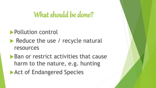 What should be done?
Pollution control
 Reduce the use / recycle natural
resources
Ban or restrict activities that cause
harm to the nature, e.g. hunting
Act of Endangered Species
 