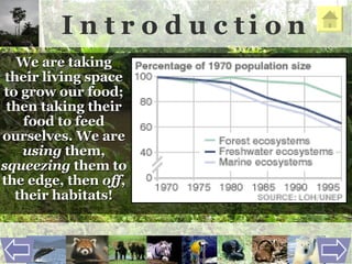 I n t r o d u c t i o n We are taking their living space to grow our food; then taking their food to feed ourselves. We are  using  them,  squeezing  them to the edge, then  off , their habitats! 