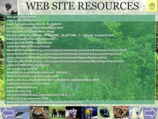 WEB SITE RESOURCES epa.gov/espp/poster www.iucnredlist.org/ www.fws.gov/educators/S_birds.html www.fws.gov/endangered/wildlife.html en.wikipedia.org/wiki/Main_Page  encarta.msn.com/media_461562982_761557586_-1_1/Snow_Leopard.html www.worldwildlife.org/elephants/ www.worldwildlife.org/gorillas/ www.worldwildlife.org/rhinos/ www.enchantedlearning.com/subjects/mammals/antelope/Antelopecoloring.shtml www.enchantedlearning.com/subjects/mammals/elephant/Asiancoloring.shtml www.enchantedlearning.com/subjects/mammals/hyena/Hyena.shtml www.enchantedlearning.com/subjects/mammals/monkey/Mandrillprintout.shtml www.worldwildlife.org/tigers/ www.nwf.org/wildlife/ www.lpzoo.org/animals/mammal_list.html  www.buffalozoo.org/mammals.html  www.cincyzoo.org/Exhibits/AnimalExhibits/animalexhibits.html  www.clemetzoo.com/animals/ www.oaklandzoo.org www.okczoo.org www.philadelphiazoo.org/index.php?id=3_1_1 www.scz.org/mammals.html  www.stlzoo.org/animals/abouttheanimals/mammals/ 