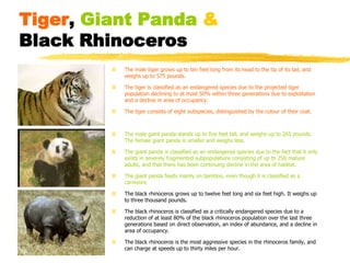 Tiger, Giant Panda &
Black Rhinoceros
            The male tiger grows up to ten feet long from its head to the tip of its tail, and
             weighs up to 575 pounds.

            The tiger is classified as an endangered species due to the projected tiger
             population declining to at most 50% within three generations due to exploitation
             and a decline in area of occupancy.

            The tiger consists of eight subspecies, distinguished by the colour of their coat.



            The male giant panda stands up to five feet tall, and weighs up to 265 pounds.
             The female giant panda is smaller and weighs less.

            The giant panda is classified as an endangered species due to the fact that it only
             exists in severely fragmented subpopulations consisting of up to 250 mature
             adults, and that there has been continuing decline in the area of habitat.

            The giant panda feeds mainly on bamboo, even though it is classified as a
             carnivore.

            The black rhinoceros grows up to twelve feet long and six feet high. It weighs up
             to three thousand pounds.

            The black rhinoceros is classified as a critically endangered species due to a
             reduction of at least 80% of the black rhinoceros population over the last three
             generations based on direct observation, an index of abundance, and a decline in
             area of occupancy.

            The black rhinoceros is the most aggressive species in the rhinoceros family, and
             can charge at speeds up to thirty miles per hour.
 