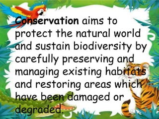 Conservation aims to
protect the natural world
and sustain biodiversity by
carefully preserving and
managing existing habitats
and restoring areas which
have been damaged or
degraded.
 