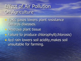 Effect of Air Pollution  On Agriculture Toxic gases lowers plant resistance towards diseases. Destroys plant tissue Failure to produce chlorophyll(chlorosis) Acd rain lowers soil acidity,makes soil unsuitable for farming. 