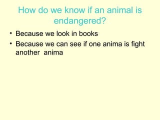 How do we know if an animal is endangered? Because we look in books Because we can see if one anima is fight another  anima 