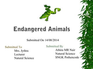 Endangered Animals 
Submitted On 14/08/2014 
Submitted By 
Athira MR Nair 
Natural Science 
SNGK Pothencode 
Submitted To 
Mrs. Jythra 
Lecturer 
Natural Science 
 