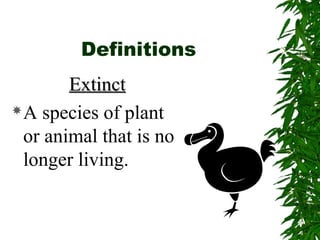 Definitions 
EExxttiinncctt 
A species of plant 
or animal that is no 
longer living. 
 