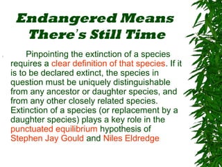 Endangered Means
There’s Still Time
V Pinpointing the extinction of a species
requires a clear definition of that species. If it
is to be declared extinct, the species in
question must be uniquely distinguishable
from any ancestor or daughter species, and
from any other closely related species.
Extinction of a species (or replacement by a
daughter species) plays a key role in the
punctuated equilibrium hypothesis of
Stephen Jay Gould and Niles Eldredge
 