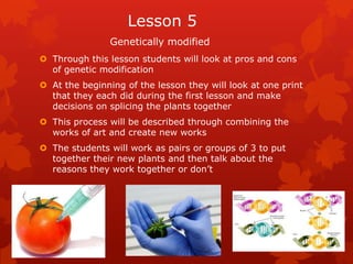 Lesson 5
                Genetically modified
 Through this lesson students will look at pros and cons
  of genetic modification
 At the beginning of the lesson they will look at one print
  that they each did during the first lesson and make
  decisions on splicing the plants together
 This process will be described through combining the
  works of art and create new works
 The students will work as pairs or groups of 3 to put
  together their new plants and then talk about the
  reasons they work together or don’t
 