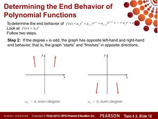 Determining the End Behavior of
Polynomial Functions
To determine the end behavior of
Look at
n
f (x)  a x  a xn2
   a x1
 a
1 0
xn1
 a
n n1 n2
n
f (x)  a xn
Follow two steps.
Step 2: If the degree n is odd, the graph has opposite left-hand and right-hand
end behavior; that is, the graph “starts” and “finishes” in opposite directions.
Copyright © 2014 Pearson Education, Inc. Topic 1.1, Slide 10
Topic 4.3, Slide 12
Copyright © 2010, 2012, 2015 Pearson Education, Inc.
 
