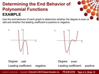 Determining the End Behavior of
Polynomial Functions
EXAMPLE
Use the end behavior of each graph to determine whether the degree is even or
odd and whether the leading coefficient is positive or negative.
Degree: odd
Leading coefficient: negative
Copyright © 2014 Pearson Education, Inc. Topic 1.1, Slide 10
Topic 4.3, Slide 13
Copyright © 2010, 2012, 2015 Pearson Education, Inc.
Degree: even
Leading coefficient: positive
 