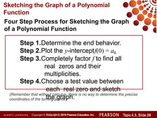 Four Step Process for Sketching the Graph
of a Polynomial Function
Step 1.Determine the end behavior.
Step 2.Plot the y-interceptf(0) = a0.
Step 3.Completely factor f to find all
real zeros and their
multiplicities.
Step 4.Choose a test value between
each real zero and sketch
the graph.
Sketching the Graph of a Polynomial
Function
(Remember that without calculus, there is no way to determine the precise
coordinates of the turning points.)
Copyright © 2014 Pearson Education, Inc. Topic 1.1, Slide 10
Topic 4.3, Slide 24
Copyright © 2010, 2012, 2015 Pearson Education, Inc.
 