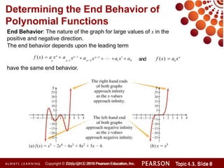Determining the End Behavior of
Polynomial Functions
End Behavior: The nature of the graph for large values of x in the
positive and negative direction.
The end behavior depends upon the leading term
1 0
n2
xn1
 a
f (x)  a xn
 a
n n1 n
xn2
  a x1
 a f (x)  a xn
and
have the same end behavior.
Copyright © 2014 Pearson Education, Inc. Topic 1.1, Slide 6
Topic 4.3, Slide 9
Copyright © 2010, 2012, 2015 Pearson Education, Inc.
 