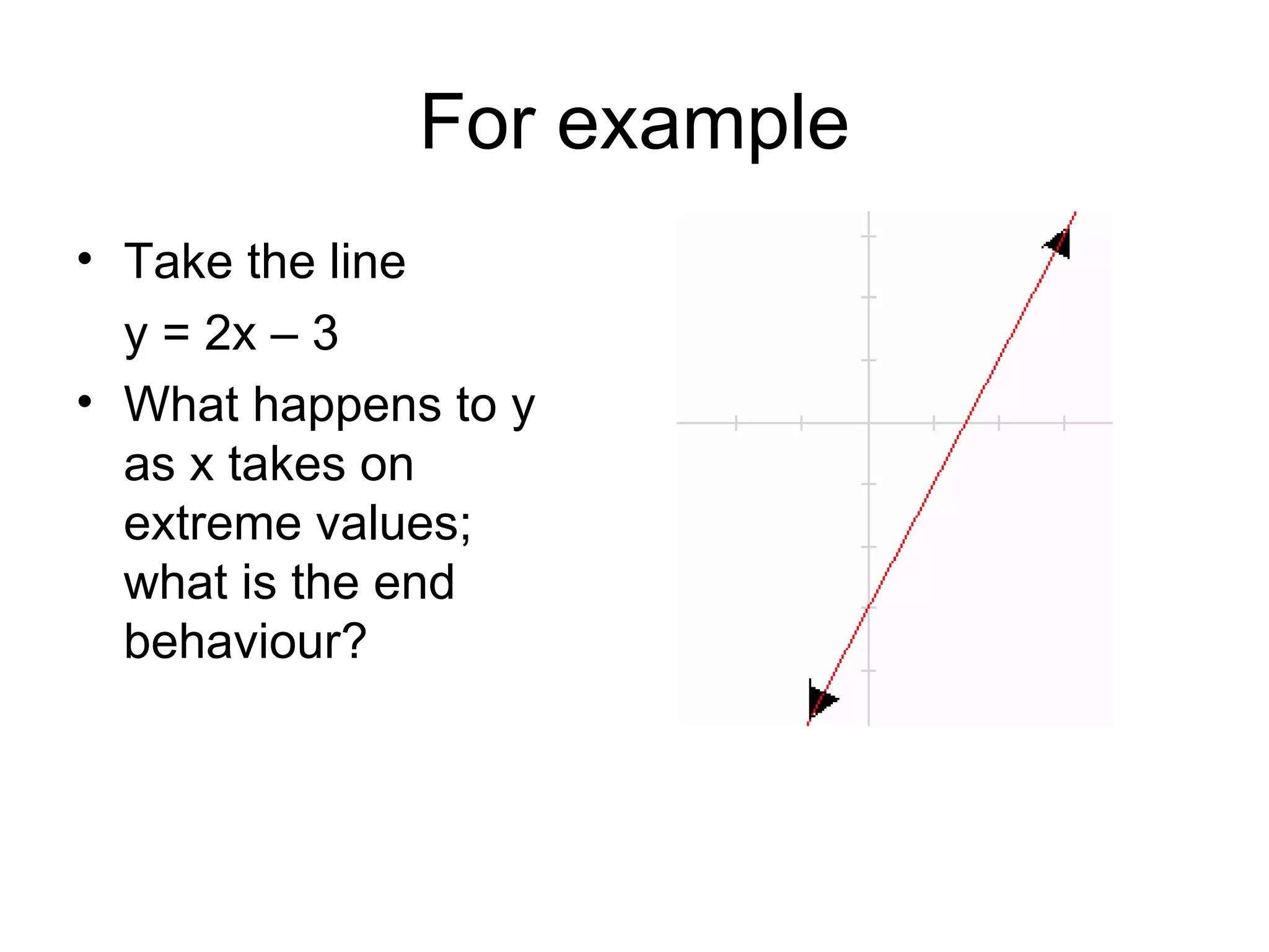 For example Take the line  y = 2x – 3 What happens to y as x takes on extreme values; what is the end behaviour? 