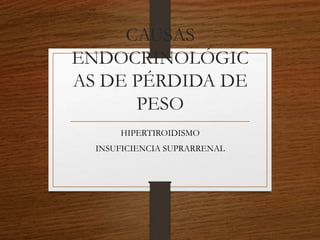 CAUSAS 
ENDOCRINOLÓGIC 
AS DE PÉRDIDA DE 
PESO 
HIPERTIROIDISMO 
INSUFICIENCIA SUPRARRENAL 
 