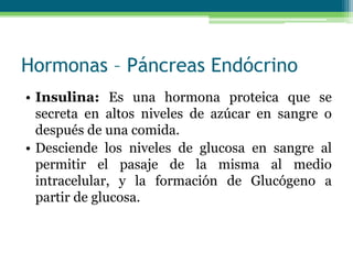 Hormonas – Páncreas Endócrino
• Insulina: Es una hormona proteica que se
secreta en altos niveles de azúcar en sangre o
después de una comida.
• Desciende los niveles de glucosa en sangre al
permitir el pasaje de la misma al medio
intracelular, y la formación de Glucógeno a
partir de glucosa.
 