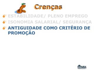 Crenças
ESTABILIDADE/ PLENO EMPREGO
ISONOMIA SALARIAL/ SEGURANÇA
ANTIGUIDADE COMO CRITÉRIO DE
PROMOÇÃO
 