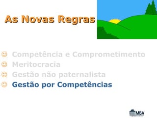 As Novas Regras


☺   Competência e Comprometimento
☺   Meritocracia
☺   Gestão não paternalista
☺   Gestão por Competências
 