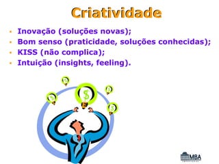 Criatividade
Inovação (soluções novas);
Bom senso (praticidade, soluções conhecidas);
KISS (não complica);
Intuição (insights, feeling).
 
