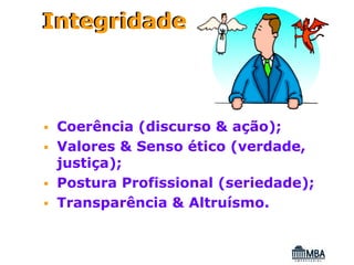 Integridade



 Coerência (discurso & ação);
 Valores & Senso ético (verdade,
 justiça);
 Postura Profissional (seriedade);
 Transparência & Altruísmo.
 