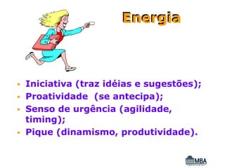 Energia



Iniciativa (traz idéias e sugestões);
Proatividade (se antecipa);
Senso de urgência (agilidade,
timing);
Pique (dinamismo, produtividade).
 