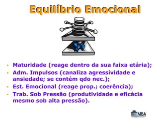 Equilíbrio Emocional
     Equilíbrio




Maturidade (reage dentro da sua faixa etária);
Adm. Impulsos (canaliza agressividade e
ansiedade; se contém qdo nec.);
Est. Emocional (reage prop.; coerência);
Trab. Sob Pressão (produtividade e eficácia
mesmo sob alta pressão).
 