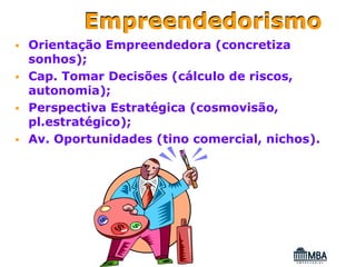 Empreendedorismo
Orientação Empreendedora (concretiza
sonhos);
Cap. Tomar Decisões (cálculo de riscos,
autonomia);
Perspectiva Estratégica (cosmovisão,
pl.estratégico);
Av. Oportunidades (tino comercial, nichos).
 