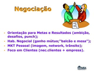 Negociação


Orientação para Metas e Resultados (ambição,
desafios, punch);
Hab. Negocial (ganho mútuo;“balcão e mesa”);
MKT Pessoal (imagem, network, trânsito);
Foco em Clientes (nec.clientes + empresa).
 