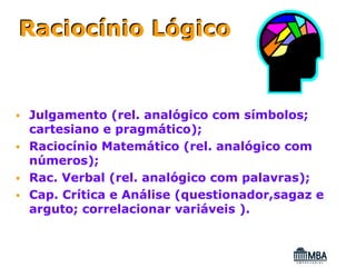 Raciocínio Lógico


Julgamento (rel. analógico com símbolos;
cartesiano e pragmático);
Raciocínio Matemático (rel. analógico com
números);
Rac. Verbal (rel. analógico com palavras);
Cap. Crítica e Análise (questionador,sagaz e
arguto; correlacionar variáveis ).
 