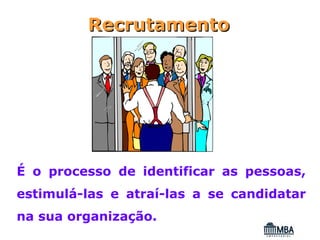Recrutamento




É o processo de identificar as pessoas,
estimulá-las e atraí-las a se candidatar
na sua organização.
 