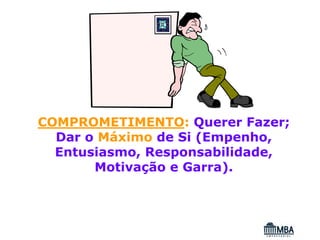 COMPROMETIMENTO: Querer Fazer;
  Dar o Máximo de Si (Empenho,
  Entusiasmo, Responsabilidade,
       Motivação e Garra).
 