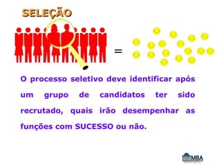 SELEÇÃO


                      =
O processo seletivo deve identificar após

um   grupo   de   candidatos   ter   sido

recrutado, quais irão desempenhar as

funções com SUCESSO ou não.
 