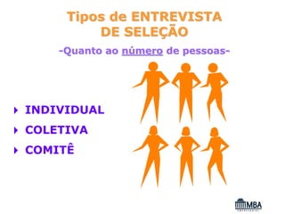 Tipos de ENTREVISTA
         DE SELEÇÃO
    -Quanto ao número de pessoas-




INDIVIDUAL
COLETIVA
COMITÊ
 