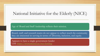National Initiative for the Elderly (NICE)
Age of Board and Staff leadership reflects their mission.
Board, staff, and research teams do not appear to reflect much the community
they are interested in serving in terms of Diversity, inclusion, and equity.
Appears to have a single government funder
Link https://www.nicenet.ca/nce-funding
 
