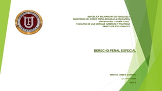 REPÚBLICA BOLIVARIANA DE VENEZUELA
MINISTERIO DEL PODER POPULAR PARA LA EDUCACIÓN
UNIVERSIDAD “FERMÍN TORO”
FACULTAD DE LAS CIENCIAS JURÍDICAS Y POLÍTICAS
SAN FELIPE-EDO YARACUY
DERECHO PENAL ESPECIAL
MIRTHA JAIMES GARRIDO
C.I. V-10110648
SAIA B
 