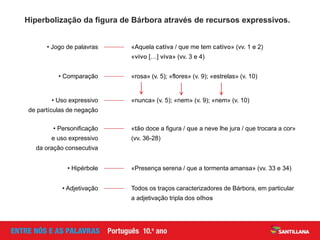 Hiperbolização da figura de Bárbora através de recursos expressivos.
• Jogo de palavras «Aquela cativa / que me tem cativo» (vv. 1 e 2)
«vivo […] viva» (vv. 3 e 4)
• Comparação «rosa» (v. 5); «flores» (v. 9); «estrelas» (v. 10)
• Uso expressivo
de partículas de negação
«nunca» (v. 5); «nem» (v. 9); «nem» (v. 10)
• Personificação
e uso expressivo
da oração consecutiva
«tão doce a figura / que a neve lhe jura / que trocara a cor»
(vv. 36-28)
• Hipérbole «Presença serena / que a tormenta amansa» (vv. 33 e 34)
• Adjetivação Todos os traços caracterizadores de Bárbora, em particular
a adjetivação tripla dos olhos
 