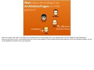 Senior
Developer
Senior
Junior
Offizielle
VerantwortungKompetenz
Wen haben die Kollegen bei
Architekturfragen um Hilfe
gebeten?
Wenn Sie in diesem Team wären - wen hätten Sie zu Architekturthemen um Rat gefragt? Den mit der oﬃziellen Rolle, oder den Kollegen mit dem Detailwissen? 

Genau so war es bei uns auch - die Entwickler haben sich immer an den Kollegen mit dem konkreten Sachknowhow gewandt, nicht an den erfahrenen Kollegen, der sich
mit der Applikation bei weitem nicht so gut auskannte.
 