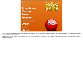 Curiosity
Honor
Acceptance
Mastery
Power
Freedom
Relatedness
Order 
Goal 
Status
… dann wird etwa die Hälfte in Mitleidenschaft gezogen. Die Akzeptanz, die Anerkennung der Leistung, die Macht, der Handlungsspielraum, die Verlässlichkeit wie auch
der eigene Status werden beschädigt. 

Ich glaube, dass es nicht möglich ist den Kollegen das Einkommen in Deutschland zu reduzieren. Das wäre aber, angesichts der schon ohnehin vorhandenen Einbußen,
auch fast geschmacklos.
 