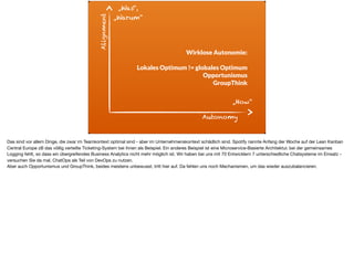 Alignment
Autonomy
„How“
„Was“, 
„Warum“
Wirklose Autonomie:
Lokales Optimum != globales Optimum
Opportunismus
GroupThink
Das sind vor allem Dinge, die zwar im Teamkontext optimal sind - aber im Unternehmenskontext schädlich sind. Spotify nannte Anfang der Woche auf der Lean Kanban
Central Europe zB das völlig verteilte Ticketing-System bei ihnen als Beispiel. Ein anderes Beispiel ist eine Microservice-Basierte Architektur, bei der gemeinsames
Logging fehlt, so dass ein übergreifendes Business Analytics nicht mehr möglich ist. Wir haben bei uns mit 70 Entwicklern 7 unterschiedliche Chatsysteme im Einsatz -
versuchen Sie da mal, ChatOps als Teil von DevOps zu nutzen.

Aber auch Opportunismus und GroupThink, beides meistens unbewusst, tritt hier auf. Da fehlen uns noch Mechanismen, um das wieder auszubalancieren.

 