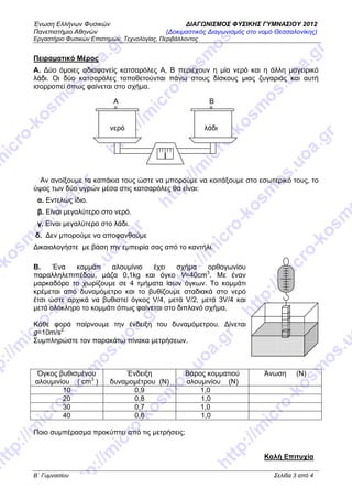 Ένωση Ελλήνων Φυσικών ΔΙΑΓΩΝΙΣΜΟΣ ΦΥΣΙΚΗΣ ΓΥΜΝΑΣΙΟΥ 2012
Πανεπιστήμιο Αθηνών (Δοκιμαστικός Διαγωνισμός στο νομό Θεσσαλονίκης)
Εργαστήριο Φυσικών Επιστημών, Τεχνολογίας, Περιβάλλοντος
Β΄ Γυμνασίου Σελίδα 3 από 4
Πειραματικό Μέρος
A. Δύο όμοιες αδιαφανείς κατσαρόλες Α, Β περιέχουν η μία νερό και η άλλη μαγειρικό
λάδι. Οι δύο κατσαρόλες τοποθετούνται πάνω στους δίσκους μιας ζυγαριάς και αυτή
ισορροπεί όπως φαίνεται στο σχήμα.
Αν ανοίξουμε τα καπάκια τους ώστε να μπορούμε να κοιτάξουμε στο εσωτερικό τους, το
ύψος των δύο υγρών μέσα στις κατσαρόλες θα είναι:
α. Εντελώς ίδιο.
β. Είναι μεγαλύτερο στο νερό.
γ. Είναι μεγαλύτερο στο λάδι.
δ. Δεν μπορούμε να αποφανθούμε
Δικαιολογήστε με βάση την εμπειρία σας από το καντήλι.
Β. Ένα κομμάτι αλουμίνιο έχει σχήμα ορθογωνίου
παραλληλεπιπέδου, μάζα 0,1kg και όγκο V=40cm3
. Με έναν
μαρκαδόρο το χωρίζουμε σε 4 τμήματα ίσων όγκων. Το κομμάτι
κρέμεται από δυναμόμετρο και το βυθίζουμε σταδιακά στο νερό
έτσι ώστε αρχικά να βυθιστεί όγκος V/4, μετά V/2, μετά 3V/4 και
μετά ολόκληρο το κομμάτι όπως φαίνεται στο διπλανό σχήμα.
Κάθε φορά παίρνουμε την ένδειξη του δυναμόμετρου. Δίνεται
g=10m/s2
Συμπληρώστε τον παρακάτω πίνακα μετρήσεων.
Όγκος βυθισμένου
αλουμινίου ( cm3
)
Ένδειξη
δυναμομέτρου (Ν)
Βάρος κομματιού
αλουμινίου (Ν)
Άνωση (Ν)
10 0,9 1,0
20 0,8 1,0
30 0,7 1,0
40 0,6 1,0
Ποιο συμπέρασμα προκύπτει από τις μετρήσεις;
Καλή Επιτυχία
νερό λάδι
Α Β
 