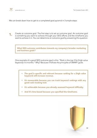 endemajfunds.com The Complete Guide to SEO
30
We can break down how to get to a completed goal pyramid in 3 simple steps:
Create an outcome goal. The first step is to set an outcome goal. An outcome goal
is something you want to achieve through your SEO efforts and the timeframe you
want to achieve it in. You can determine an outcome goal by answering this question:
What SEO outcome contributes towards my company’s broader marketing
and business goals?
1.
One example of a good SEO outcome goal is this: “Rank in the top 3 for [high-value
keyword] in 6 months.” Why? Because it follows the principles of SMART goals.
•	 The goal is specific and relevant because ranking for a [high value
keyword] will increase revenue.
•	 It’s measurable because you can track keyword rankings with any
good rank tracking tool.
•	 It’s achievable because you already assessed keyword difficulty.
•	 And it’s time-based because you specified the timeframe.
 