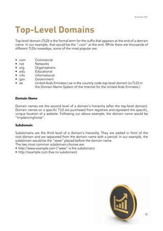 November 2021
57
Top-level domain (TLD) is the formal term for the suffix that appears at the end of a domain
name. In our example, that would be the “.com” at the end. While there are thousands of
different TLDs nowadays, some of the most popular are:
•	 .com	 Commercial
•	 .net		 Networks
•	 .org		 Organisations
•	 .edu		 Educational
•	 .info		 Informational
•	 .gov		 Government
•	 .ae		 United Arab Emirates (.ae is the country code top-level domain (ccTLD) in 	
			 the Domain Name System of the Internet for the United Arab Emirates.)
Domain Name
Domain names are the second level of a domain's hierarchy (after the top-level domain).
Domain names on a specific TLD are purchased from registrars and represent the specific,
unique location of a website. Following our above example, the domain name would be
“tinydancinghorse”.
Subdomain
Subdomains are the third level of a domain's hierarchy. They are added in front of the
root domain and are separated from the domain name with a period. In our example, the
subdomain would be the “www” placed before the domain name.
The two most common subdomain choices are:
•	 http://www.example.com ("www" is the subdomain)
•	 http://example.com (has no subdomain)
Top-Level Domains
 