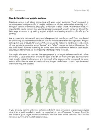 endemajfunds.com The Complete Guide to SEO
68
If you are only starting with your website and don’t have any access to previous analytics
data, then a solid foundation would be to go back to your Customer Personas. Step into
the shoes of your target audience and try to visualize their online behavior. You can also
reference surveys and market research data.
Step 2. Consider your website audience
Creating content is all about connecting with your target audience. There’s no point in
attracting search engine traffic, if people just bounce off your website because they don’t
find your content informative, engaging, or relevant to their search. With that in mind, it’s
important to create content that your target search users will actually consume. One of the
best ways to do this is by looking at your analytics and seeing what kind of traffic you’re
getting.
Are your website visitors tech savvy and always on their mobile phones? Then you should
be prioritizing your content optimization plan for mobile rather than desktop users. Are you
selling skin care products for women? Then it would be helpful to list the proven benefits
of your products alongside some “before” and “after” images for further illustration. On
the other hand, if you’re operating an online news and information website, then depth,
accuracy and timeliness are the most important aspects to focus on.
You might also want to consider the age group of your target audience and their online
behaviors. C-Level executives around the ages of 50-64 are more willing to download and
read lengthy research documents and technical white papers, while teens and, to some
extent, Millennials are more attuned to videos, images, and shorter content, supplemented
with more frequent updates.
 