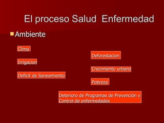 Ambiente Clima Deforestacion Irrigacion Crecimiento urbano Deficit de Saneamiento Pobreza Deterioro de Programas de Prevención y  Control de enfermedades 