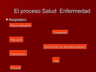 Hospedero Mayor exposición Transporte Migración  Convivencia con animales exóticos Desnutrición TBC ETS/VIH  