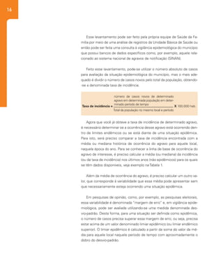 16
Esse levantamento pode ser feito pela própria equipe de Saúde da Fa-
mília por meio de uma análise de registros da Unidade Básica de Saúde ou
então pode ser feita uma consulta à vigilância epidemiológica do município
que possui bancos de dados específicos como, por exemplo, aquele rela-
cionado ao sistema nacional de agravos de notificação (SINAN).
Feito esse levantamento, pode-se utilizar o número absoluto de casos
para avaliação da situação epidemiológica do município, mas o mais ade-
quado é dividir o número de casos novos pelo total da população, obtendo-
-se a denominada taxa de incidência.
número de casos novos de determinado
agravo em determinada população em deter-
minado período de tempo
X 100.000 hab.
Total da população no mesmo local e período
Taxa de incidência =
Agora que você já obteve a taxa de incidência de determinado agravo,
é necessário determinar se a ocorrência desse agravo está ocorrendo den-
tro de limites endêmicos ou se está diante de uma situação epidêmica.
Para isto, será preciso comparar a taxa de incidência encontrada com a
média ou mediana histórica de ocorrência do agravo para aquele local,
naquela época do ano. Para se conhecer a linha de base de ocorrência do
agravo de interesse, é preciso calcular a média (ou mediana) da incidência
(ou da taxa de incidência) nos últimos anos (não epidêmicos) para os quais
se têm dados disponíveis, veja exemplo na Tabela 1.
Além da média de ocorrência do agravo, é preciso calcular um outro va-
lor, que corresponde à variabilidade que essa média pode apresentar sem
que necessariamente esteja ocorrendo uma situação epidêmica.
Em pesquisas de opinião, como, por exemplo, as pesquisas eleitorais,
essa variabilidade é denominada “margem de erro” e, em vigilância epide-
miológica, pode ser avaliada utilizando-se uma medida denominada des-
vio-padrão. Desta forma, para uma situação ser definida como epidêmica,
o número de casos precisa superar essa margem de erro, ou seja, precisa
estar acima de um valor denominado limiar epidêmico (ou limiar endêmico
superior). O limiar epidêmico é calculado a partir da soma do valor da mé-
dia para aquele local naquele período de tempo com aproximadamente o
dobro do desvio-padrão.
 