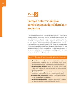 20
Epidemias e endemias têm como fatores determinantes e condicionantes
diversas situações econômicas, culturais, ecológicas, psicossociais e bioló-
gicos (Quadro 1). A compreensão desses determinantes e condicionantes é
importante para o planejamento de ações de prevenção e controle dos agra-
vos com potencial endêmico e epidêmico. Alguns fatores estão mais sob a
governabilidade da população ou da equipe de Saúde da Família, enquanto
outros determinantes são mais amplos, de menos governabilidade por parte
da equipe. Uma condição imprescindível para a ocorrência epidêmica ou en-
dêmica de uma doença infecciosa é a presença de significativo número de
indivíduos susceptíveis ao agente causador.
•	 Determinantes econômicos: miséria, privações resultando
em habitações precárias, falta de saneamento básico e de
água tratada e ocupação do território de forma desordenada.
•	 Determinantes culturais: hábito de defecar próximo de
mananciais, hábitos alimentares de risco como ingestão de
peixe cru ou ostras.
•	 Determinantes ecológicos: poluição atmosférica, condições
climáticas e ambientais favoráveis à proliferação de vetores.
•	 Determinantes psicossociais: estresse, uso de drogas, ausên-
cia de atividades e locais para lazer.
•	 Determinantes biológicos: indivíduos suscetíveis, mutação
do agente infeccioso, transmissibilidade do agente.
Parte 2
Fatores determinantes e
condicionantes de epidemias e
endemias
Quadro 1 - Exemplos de determinantes de epidemias e endemias
 