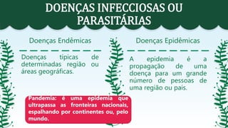 Doenças Endêmicas Doenças Epidêmicas
Doenças típicas de
determinadas região ou
áreas geográficas.
A epidemia é a
propagação de uma
doença para um grande
número de pessoas de
uma região ou país.
DOENÇAS INFECCIOSAS OU
PARASITÁRIAS
Pandemia: é uma epidemia que
ultrapassa as fronteiras nacionais,
espalhando por continentes ou, pelo
mundo.
 